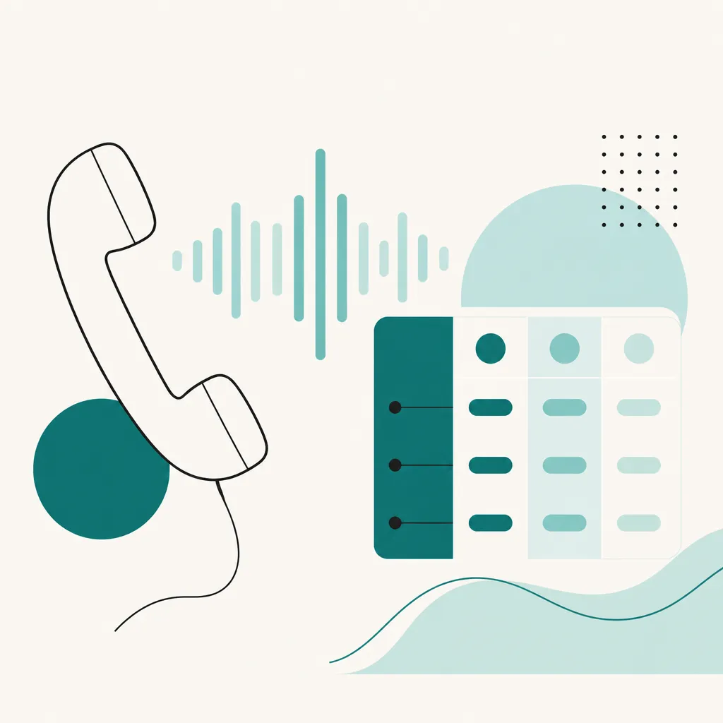 Minimal flat vector illustration of a phone handset with sound waves and abstract cost chart shapes on a warm cream backgroun