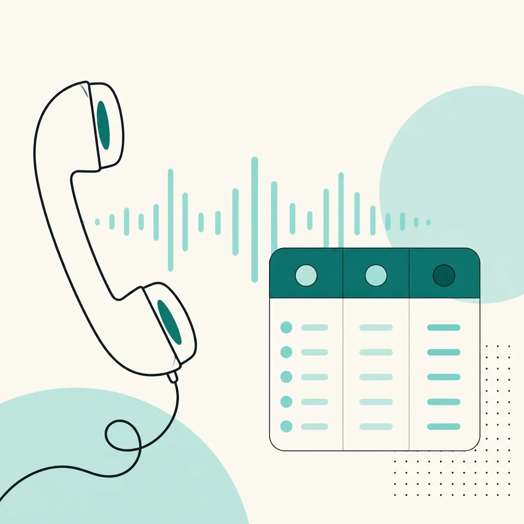Minimal flat vector illustration of a phone handset, sound wave bars, and abstract cost chart shapes on a warm cream backgrou