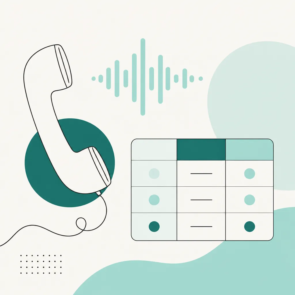 Minimal flat vector illustration of a phone handset with sound wave bars and abstract cost chart on warm cream background