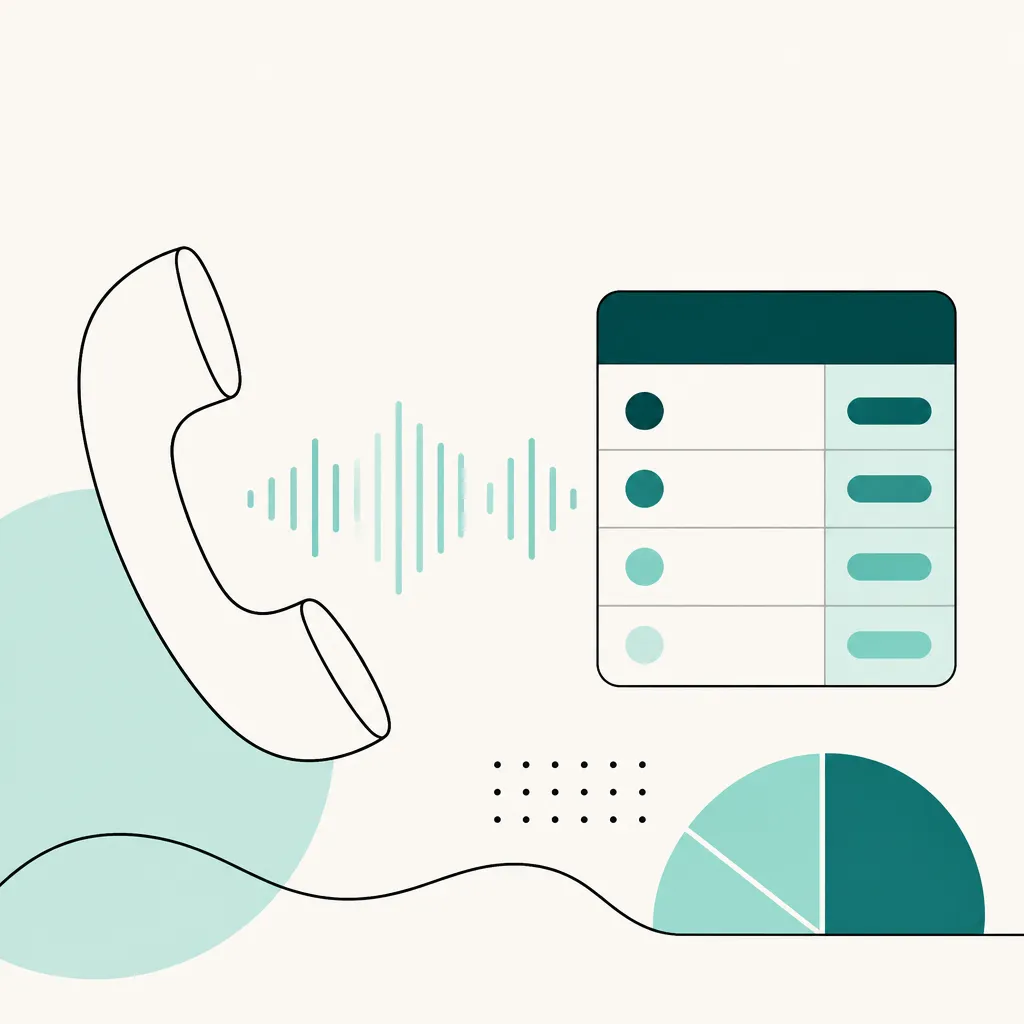 Abstract flat vector illustration of a phone handset with sound wave bars and cost chart shapes in teal on cream background