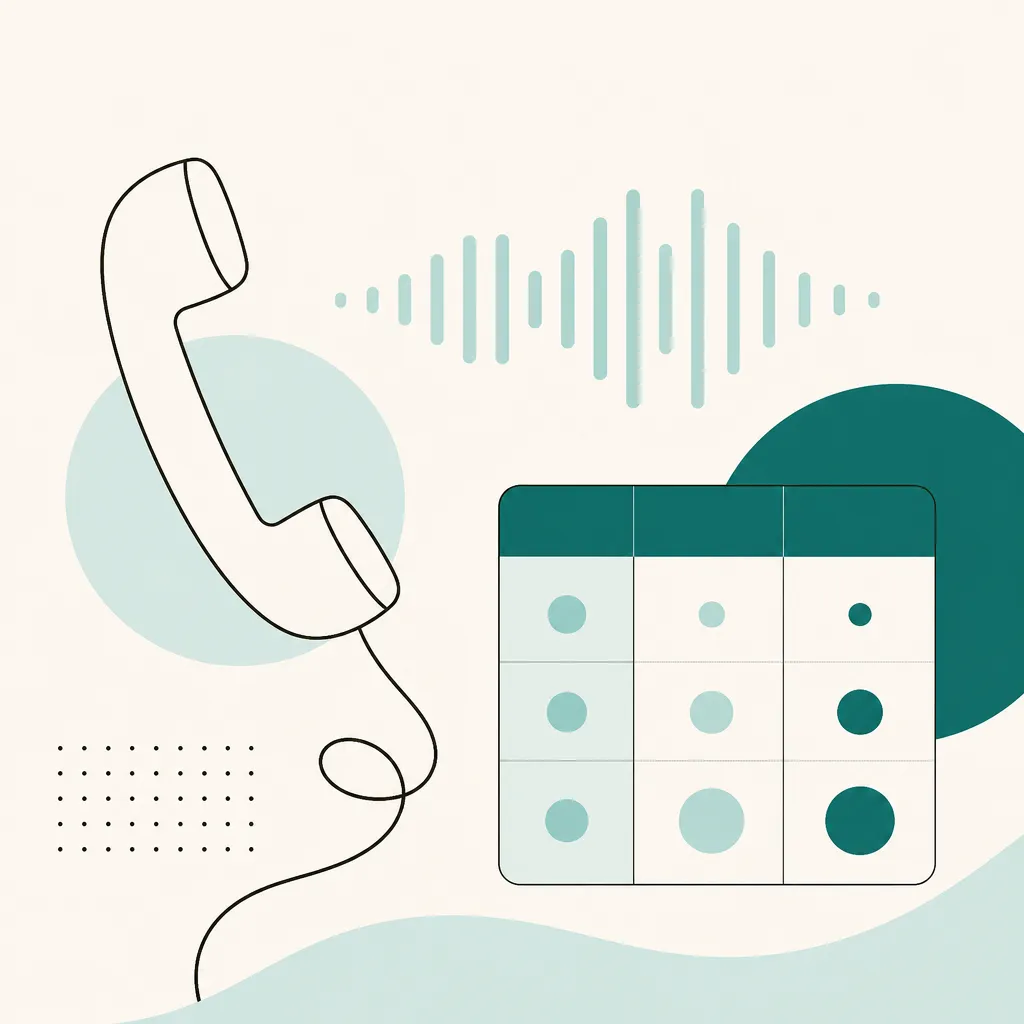 Minimal flat vector illustration of a phone handset with sound wave bars and abstract cost chart on warm cream background
